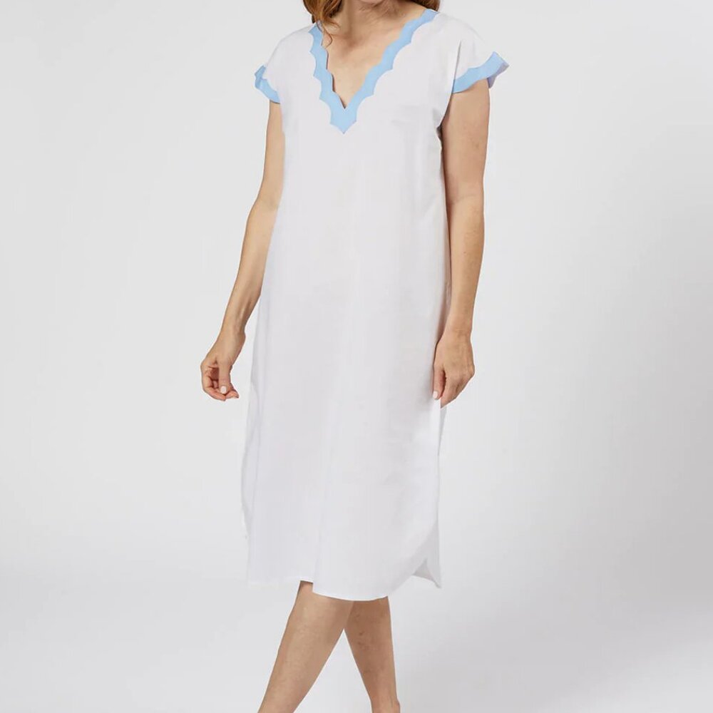 Lenora 100% Cotton Batiste Helen Nightgown White/Blue Scallop Trim NEW NWT Large